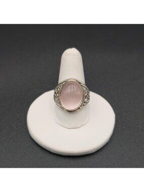 Size 8.5 Sterling Silver Natural Rose Quartz Stone Filigree Band Ring A7990